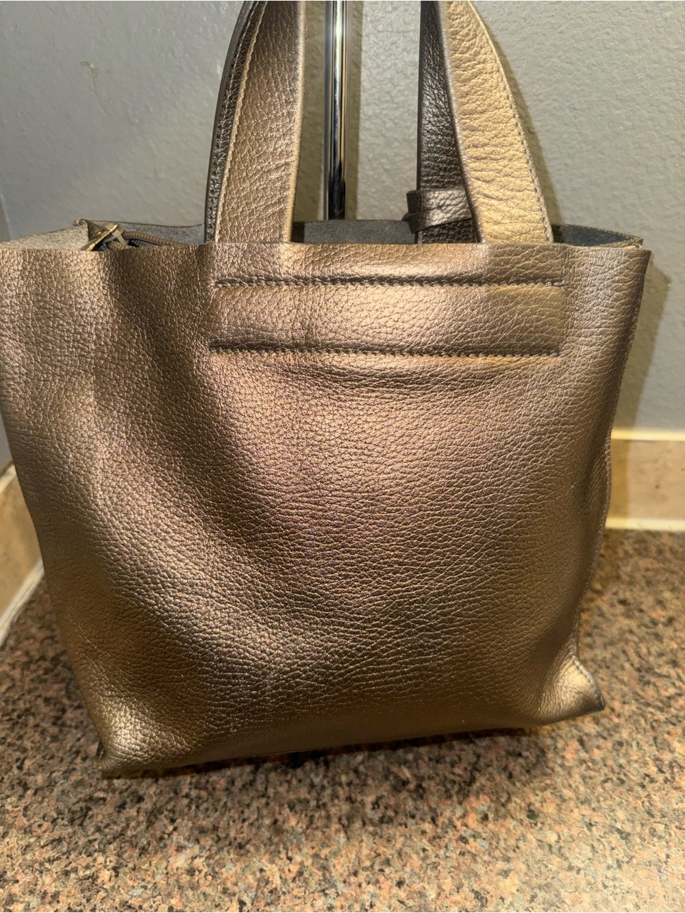 Furla "Divide It" Small Metallic Bronze Pebbled Leather Tote Bag with Charm - Picture 2 of 5